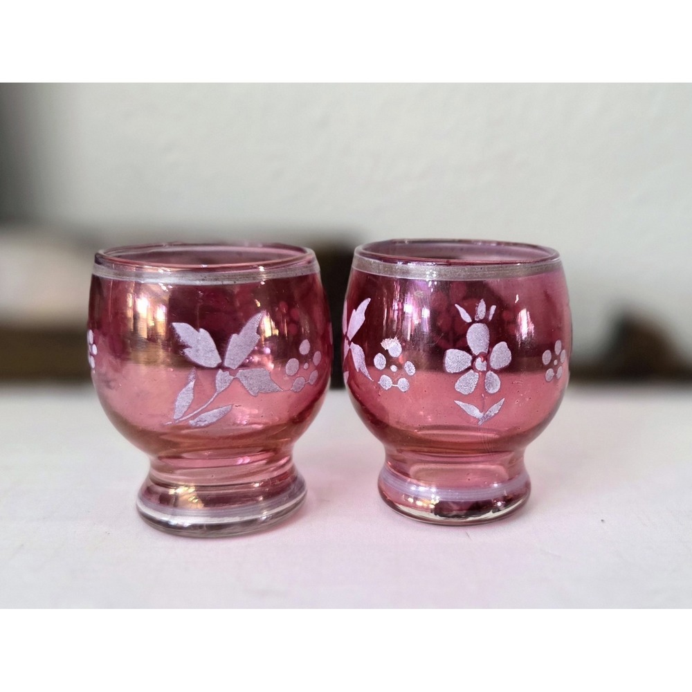 Pair of Vintage 1950's Cranberry Glass Roly Poly Pony Glasses Etched Flowers 2"‎